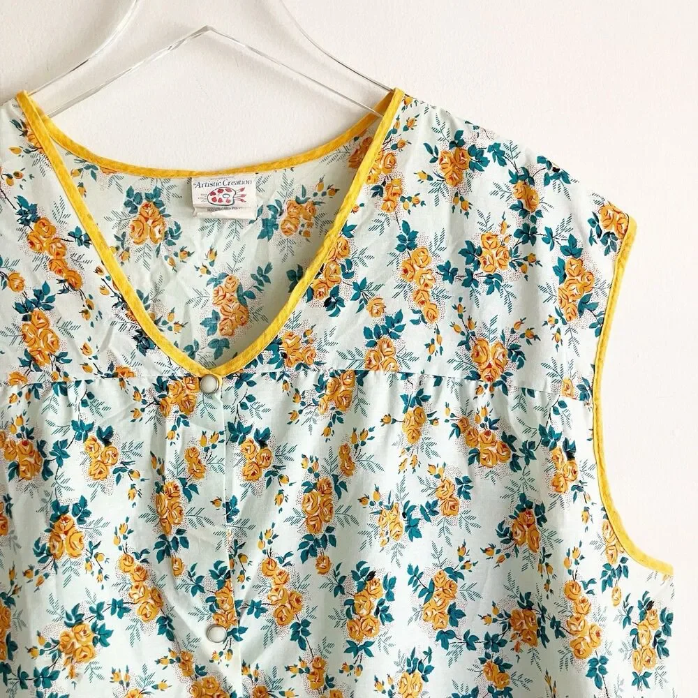 Vintage Artistic Creation Cobbler Smock Apron Womens 2X Floral Pockets Snaps